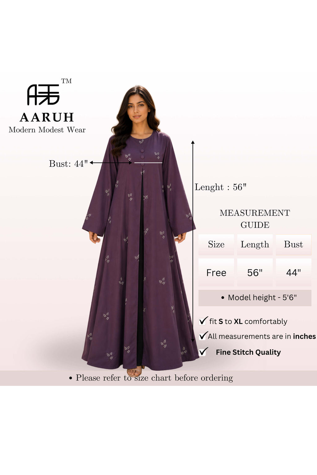 AARUH Purple Floral Embroidered Abaya for Women | Front Button Flared Abaya | Full-Length Modest Islamic Dress