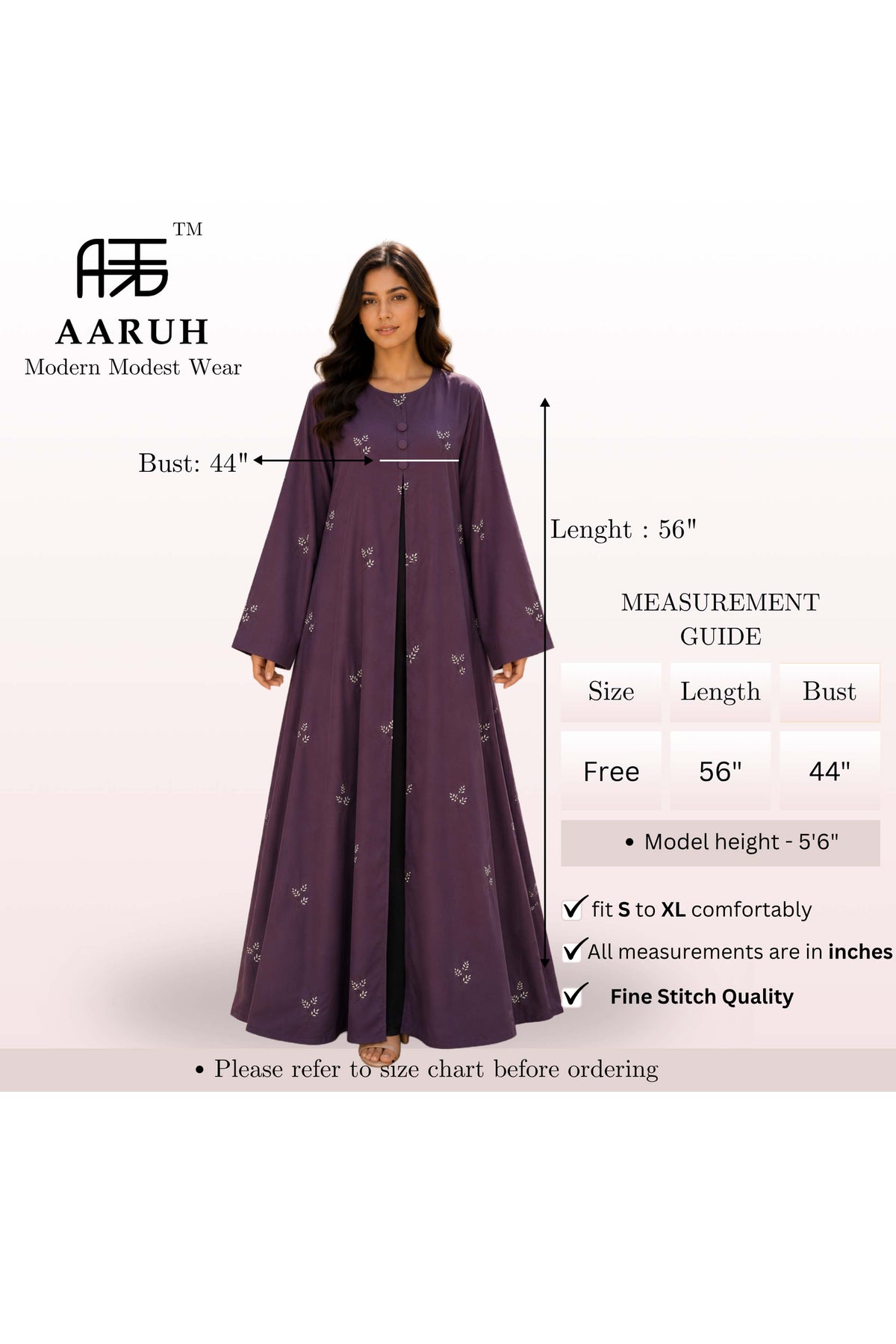 AARUH Purple Floral Embroidered Abaya for Women | Front Button Flared Abaya | Full-Length Modest Islamic Dress