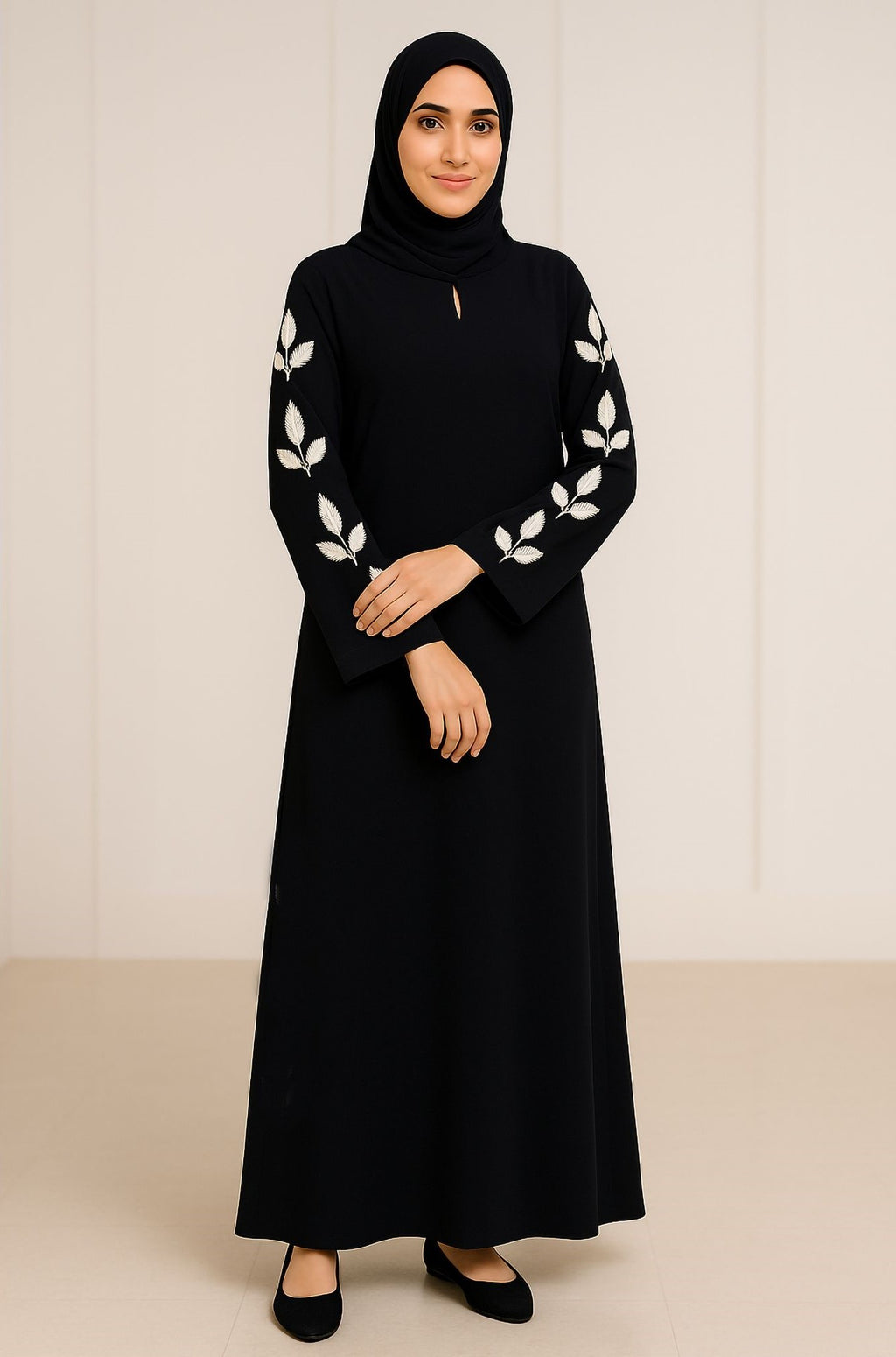 NYSA – Premium Black Leaf Embroidered Abaya with Hijab | Free Size | AARUH