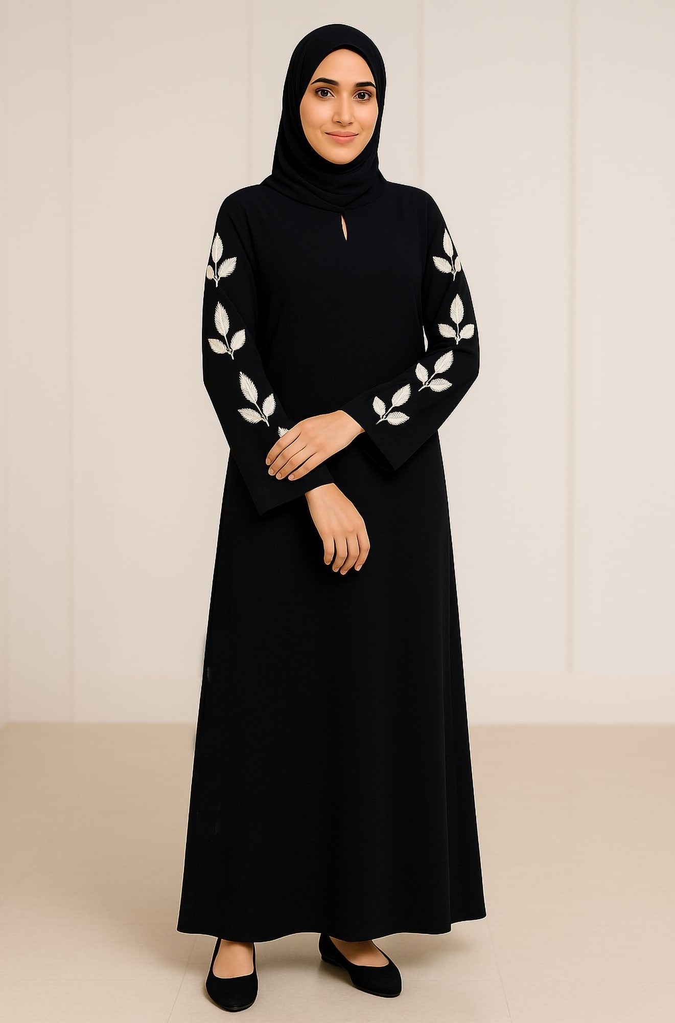 NYSA – Premium Black Leaf Embroidered Abaya with Hijab | Free Size | AARUH