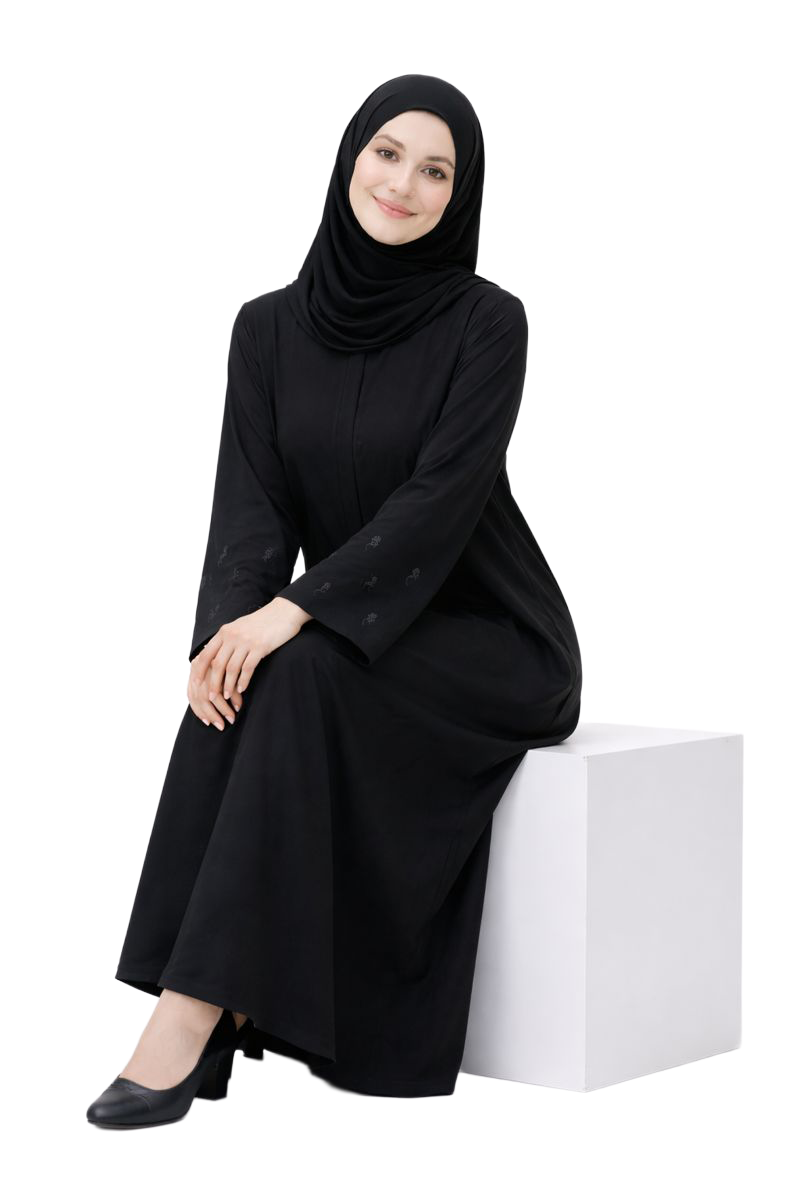 BLOOM BLACK – Premium Black Floral Embroidered Abaya with Hijab | Free Size | AARUH