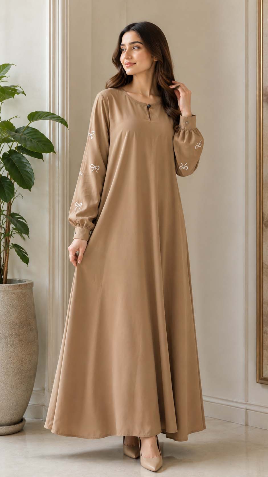Elegant A-Line Maxi Dress with Bow Embroidered Sleeves