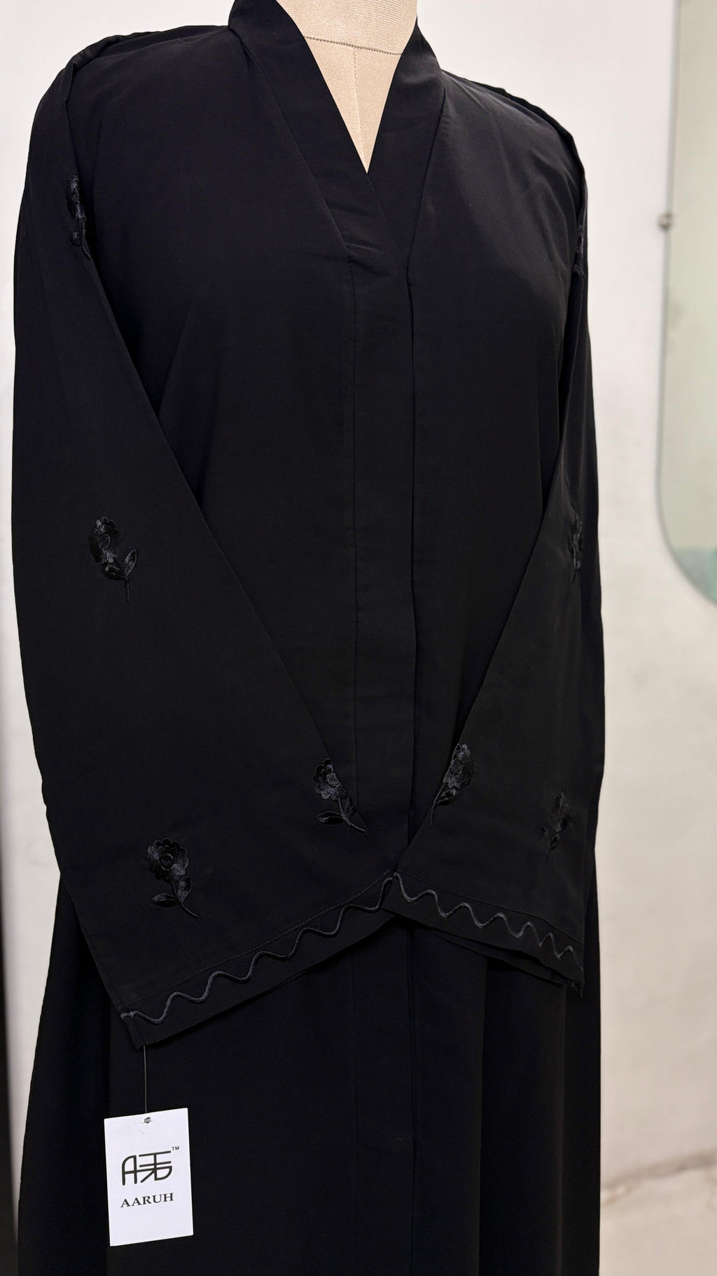 WAVES BLACK – Premium Black Embroidered Abaya with Matching Hijab | V Neck | Free Size | AARUH