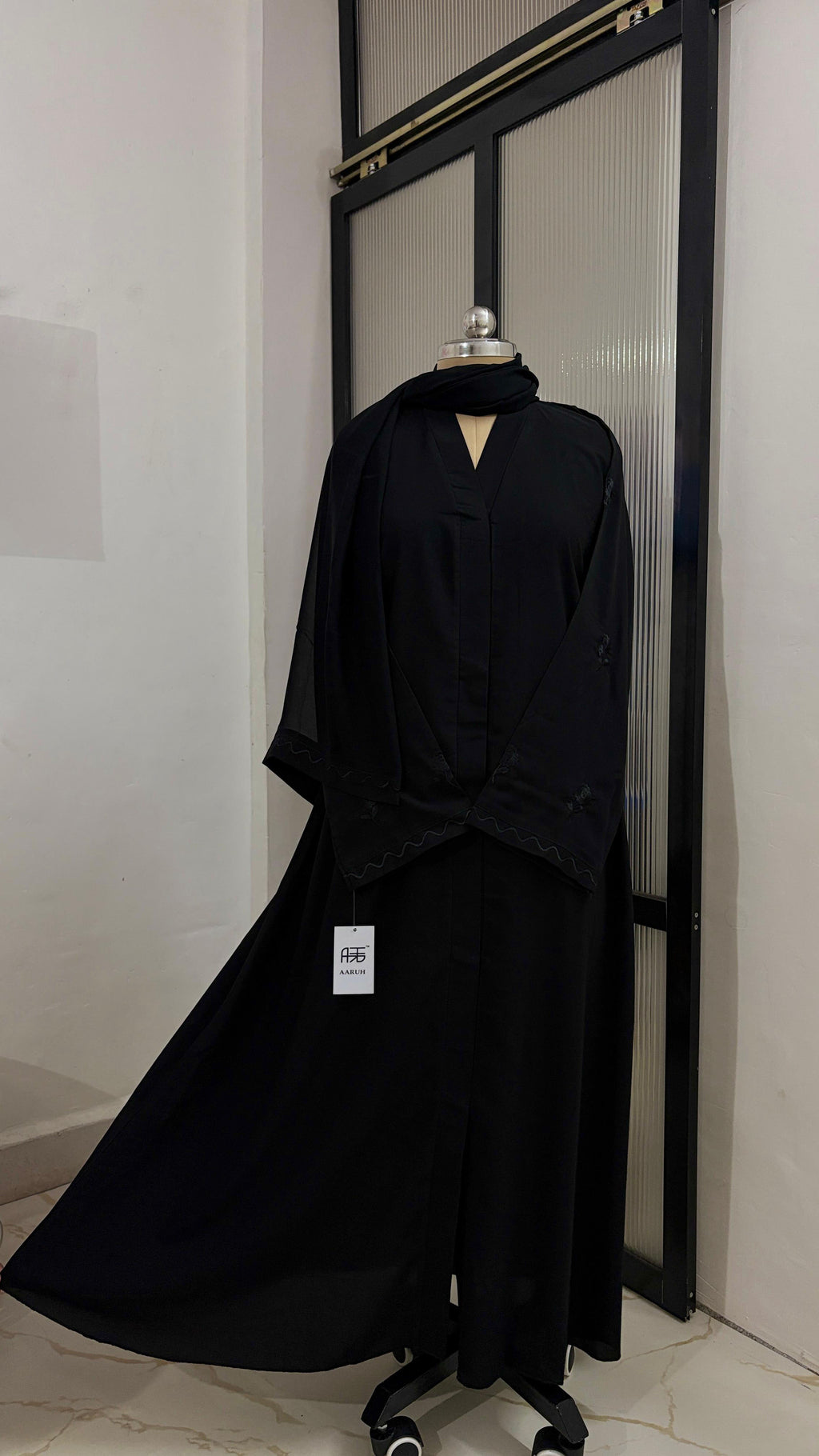 WAVES BLACK – Premium Black Embroidered Abaya with Matching Hijab | V Neck | Free Size | AARUH