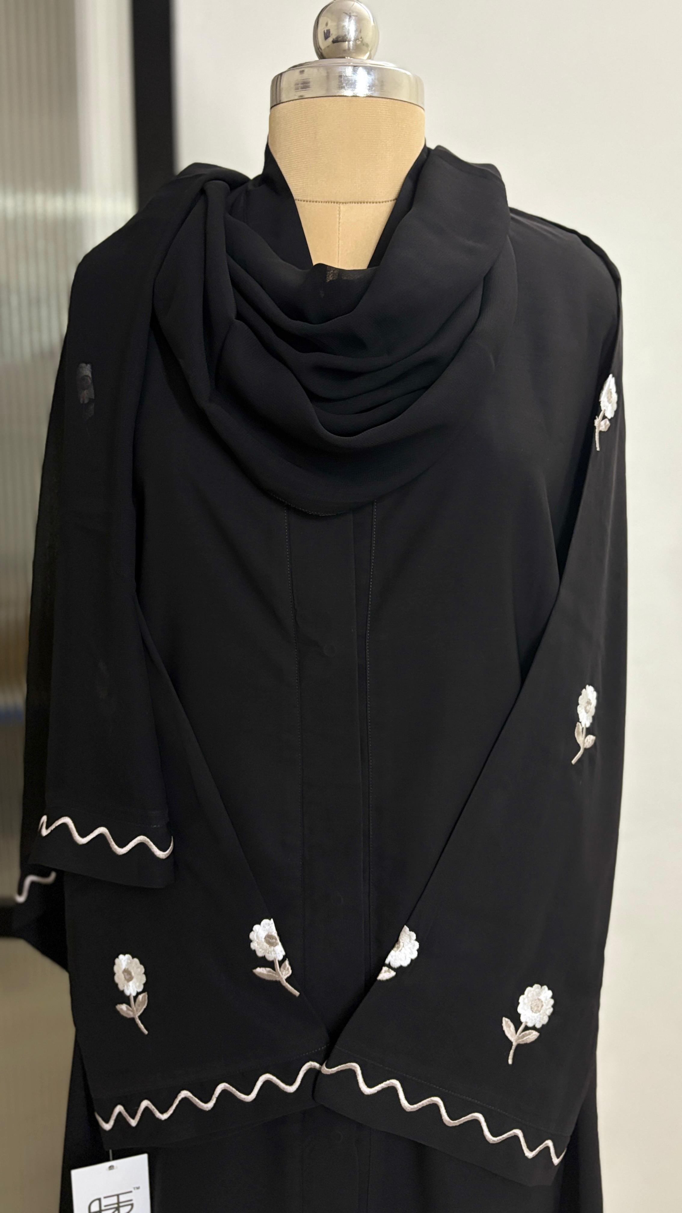 WAVES WHITE – Premium Black Embroidered Abaya with Matching Hijab | V-Neck | Free Size | AARUH