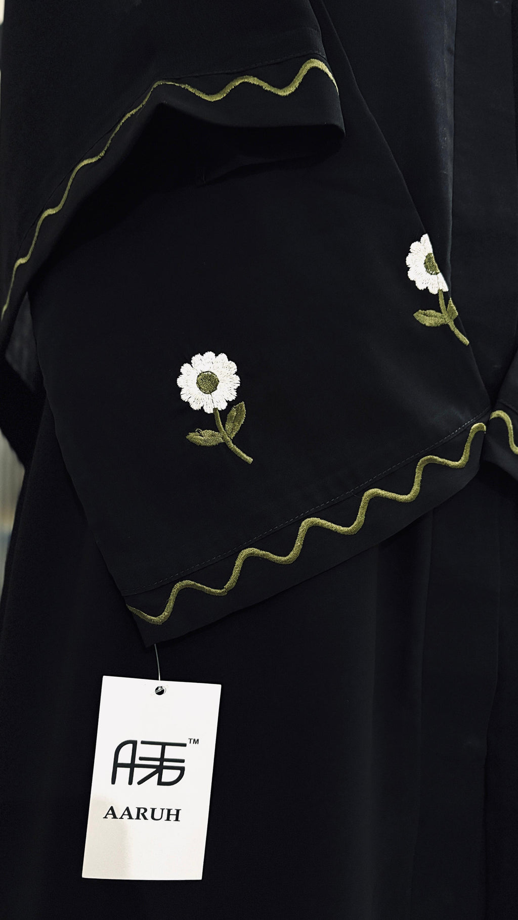 WAVES GREEN – Premium Black Embroidered Abaya with Matching Hijab | V Neck | Free Size | AARUH