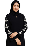 NYSA – Premium Black Leaf Embroidered Abaya with Hijab | Free Size | AARUH