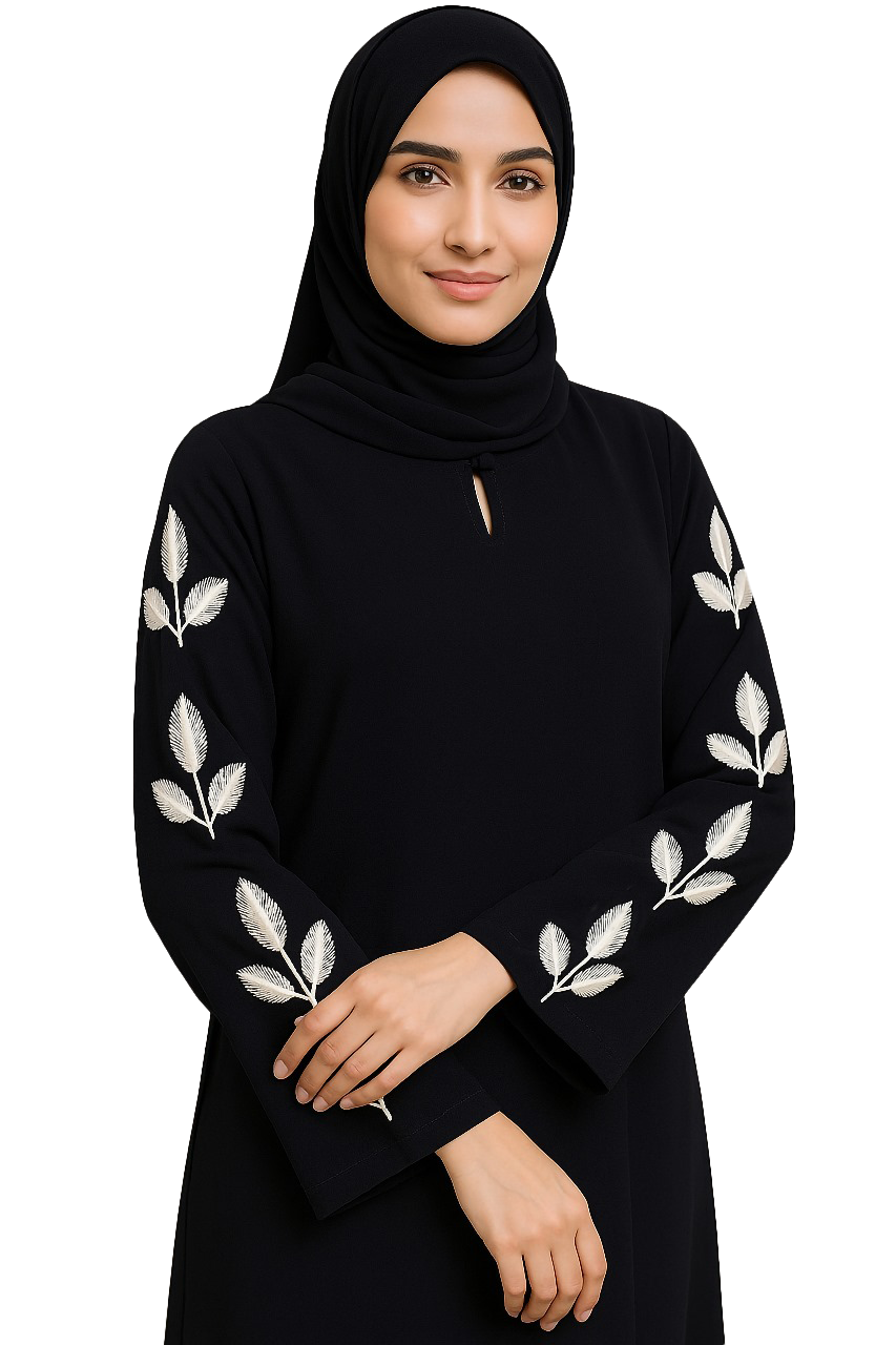 NYSA – Premium Black Leaf Embroidered Abaya with Hijab | Free Size | AARUH