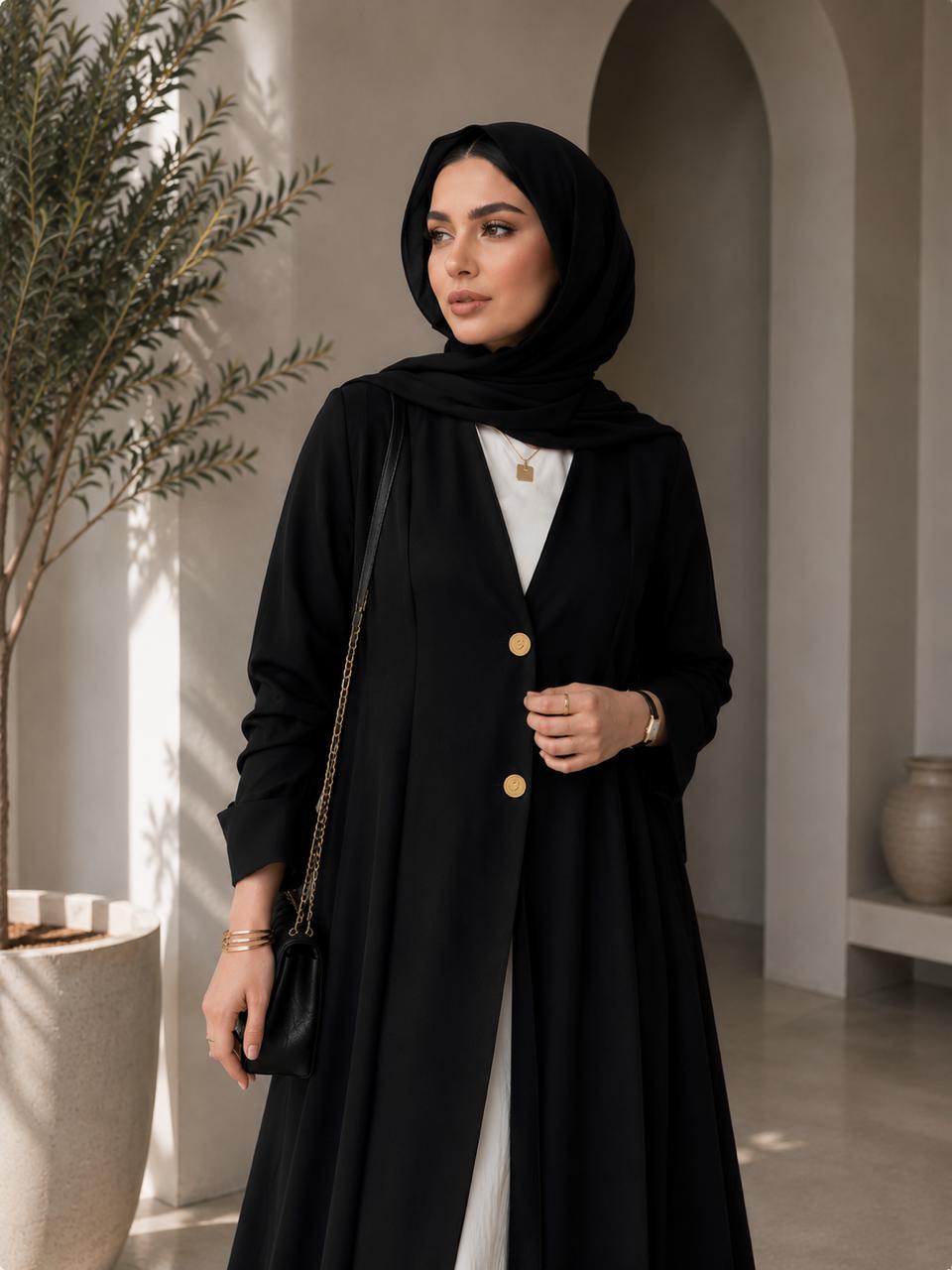 AARUH Black Front-Open Abaya | Elegant Button-Front Long Open Abaya | Modest Women’s Islamic Wear