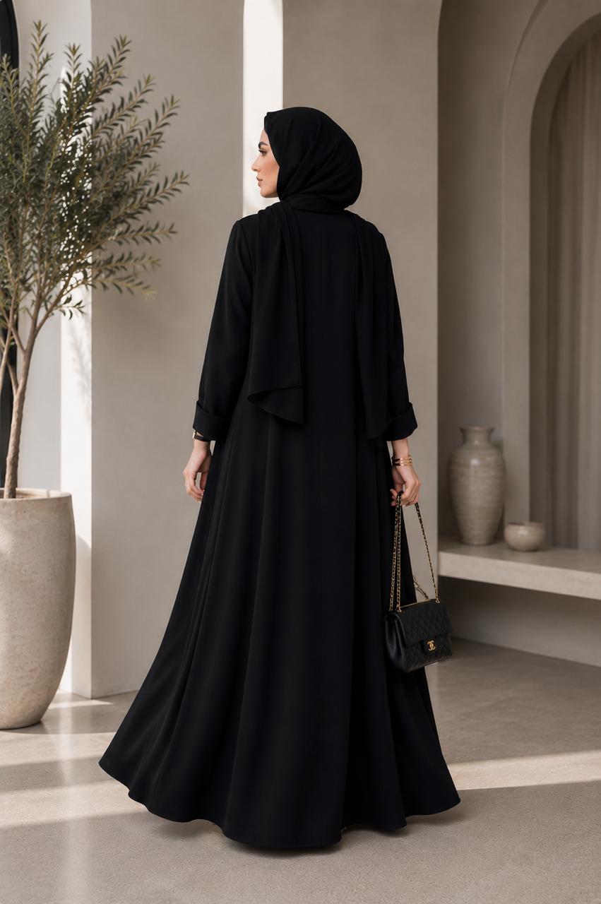 AARUH Black Front-Open Abaya | Elegant Button-Front Long Open Abaya | Modest Women’s Islamic Wear