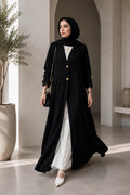 AARUH Black Front-Open Abaya | Elegant Button-Front Long Open Abaya | Modest Women’s Islamic Wear