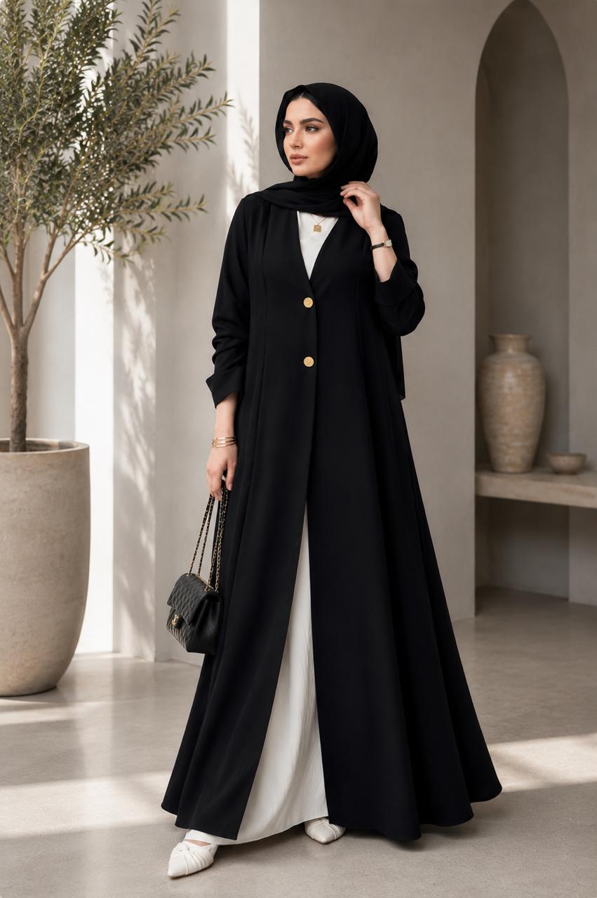 AARUH Black Front-Open Abaya | Elegant Button-Front Long Open Abaya | Modest Women’s Islamic Wear