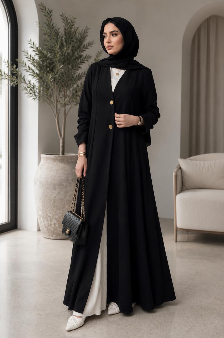 AARUH Black Front-Open Abaya | Elegant Button-Front Long Open Abaya | Modest Women’s Islamic Wear