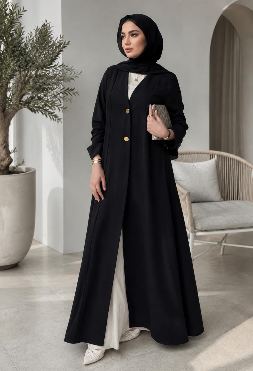 AARUH Black Front-Open Abaya | Elegant Button-Front Long Open Abaya | Modest Women’s Islamic Wear