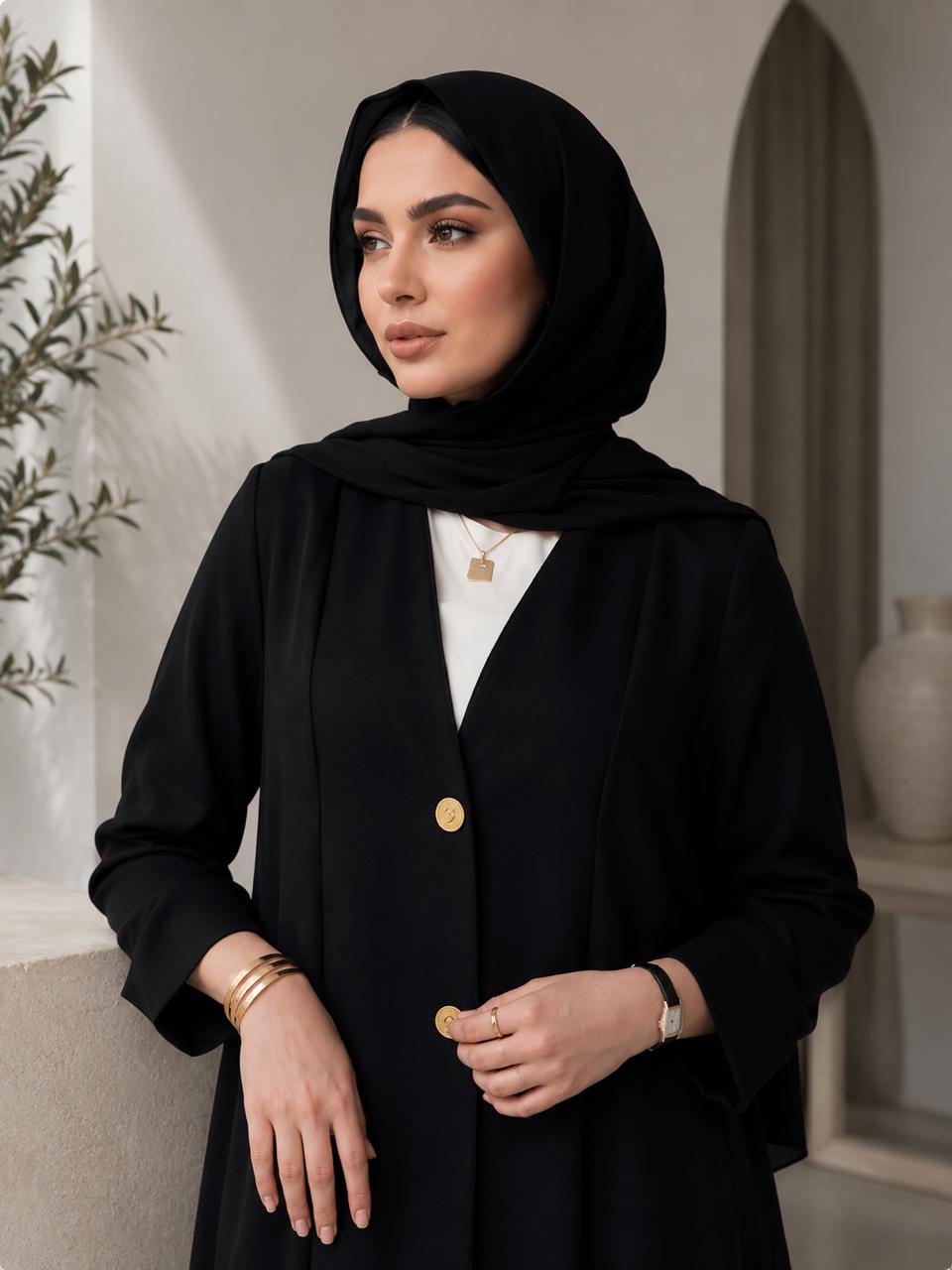 AARUH Black Front-Open Abaya | Elegant Button-Front Long Open Abaya | Modest Women’s Islamic Wear