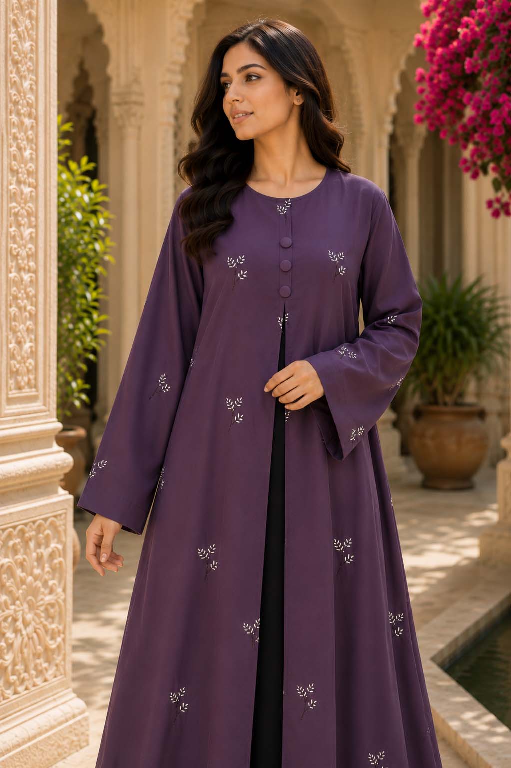 AARUH Purple Floral Embroidered Abaya for Women | Front Button Flared Abaya | Full-Length Modest Islamic Dress
