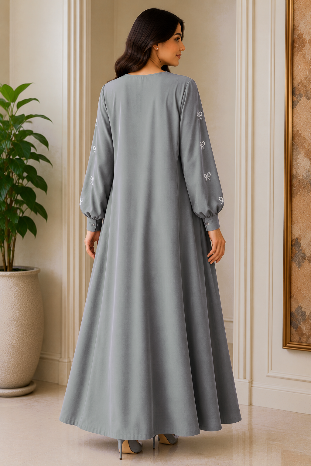 AARUH Women’s Grey Embroidered Abaya | Elegant Bow Sleeve Design | Modest Long Flared Islamic Dress