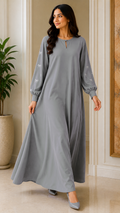 AARUH Women’s Grey Embroidered Abaya | Elegant Bow Sleeve Design | Modest Long Flared Islamic Dress