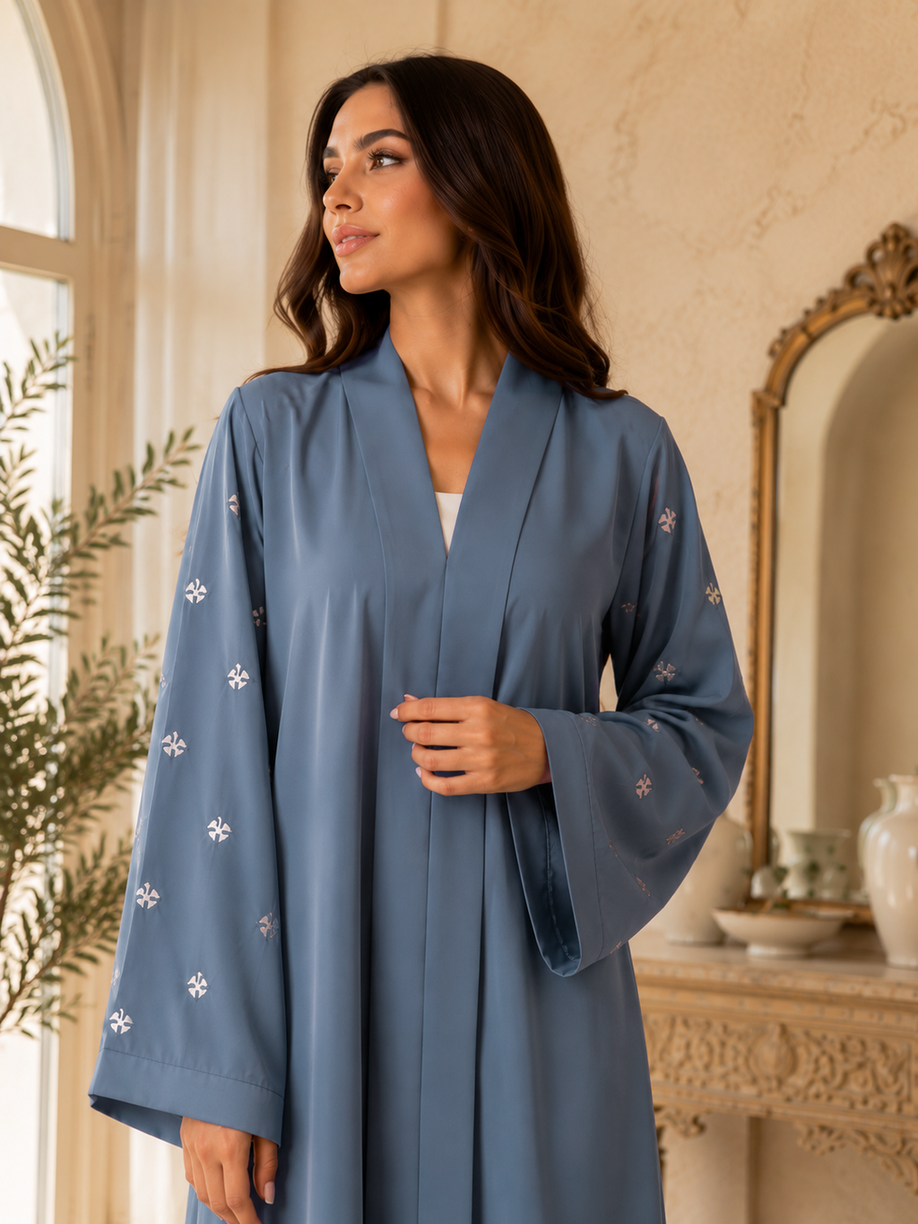 KIMONO GREY PETAL – Premium Embroidered Kimono Style Abaya | V Neck | Without Hijab | Free Size | AARUH
