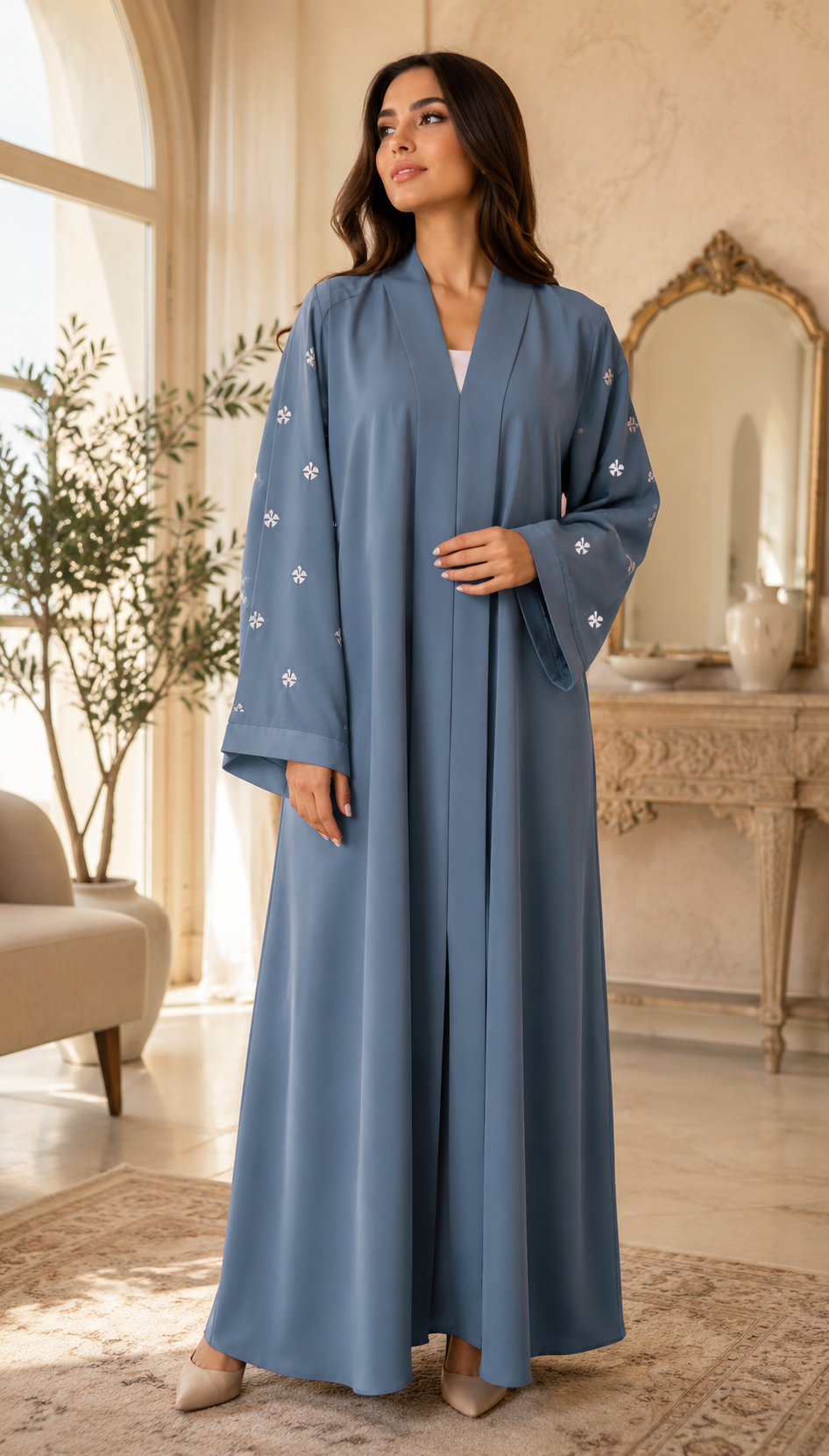 KIMONO GREY PETAL – Premium Embroidered Kimono Style Abaya | V Neck | Without Hijab | Free Size | AARUH