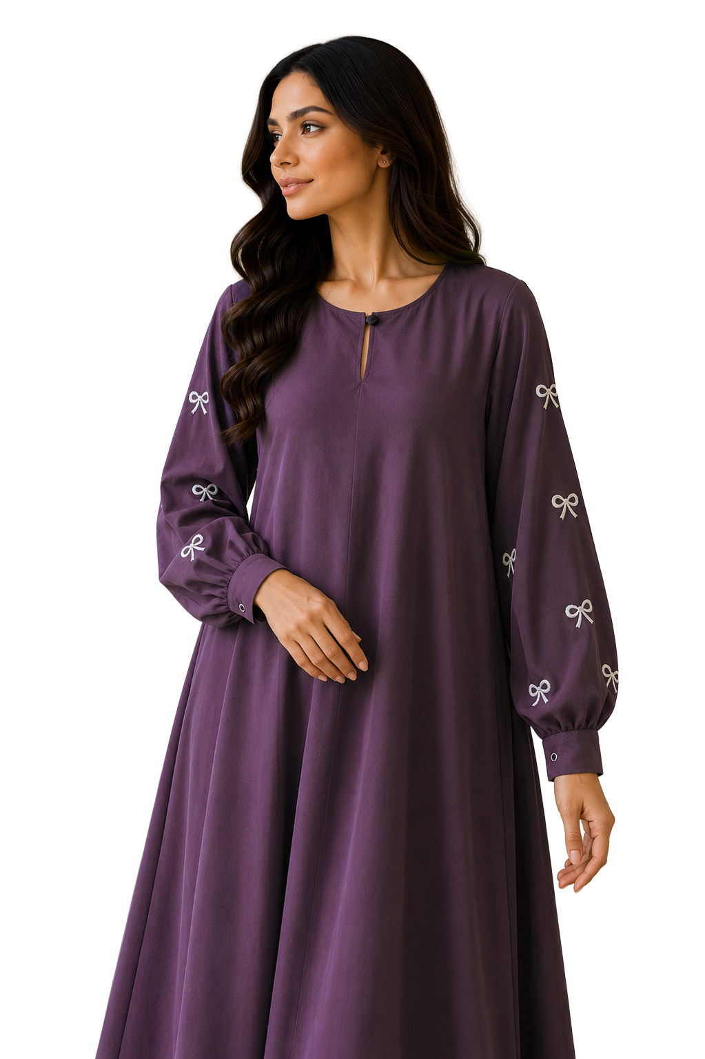 AARUH Elegant Bow Embroidered A-Line Maxi Dress | Full Sleeve Modest Dress