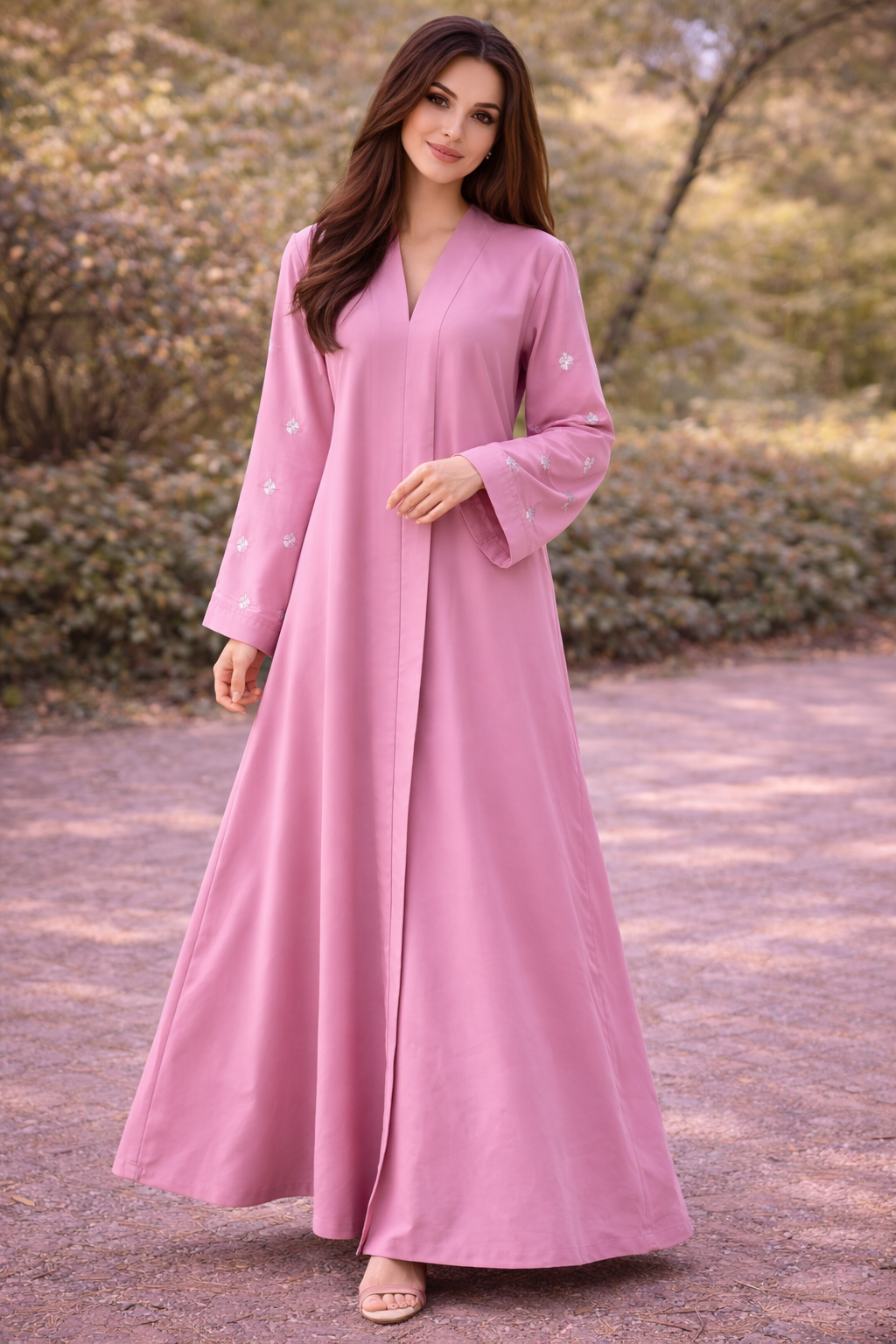 KIMONO BABY PINK PETAL – Premium Embroidered Kimono Style Abaya | V Neck | Without Hijab | Free Size | AARUH