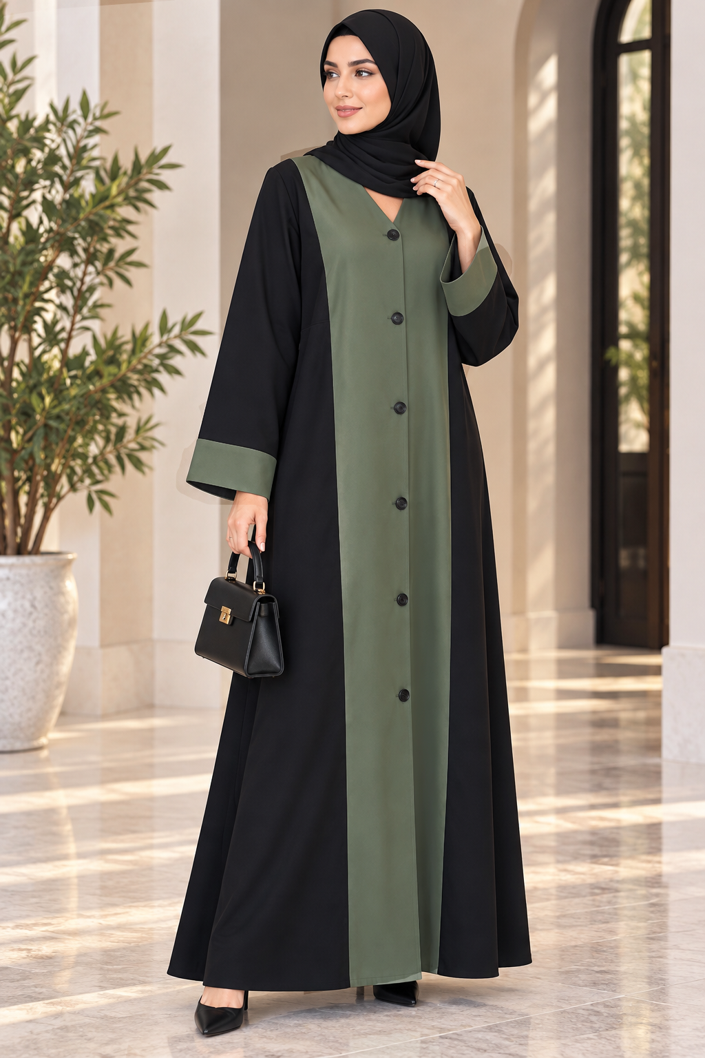 AARUH Black & Olive Green Front Panel Button-Detail Flared Abaya with Hijab