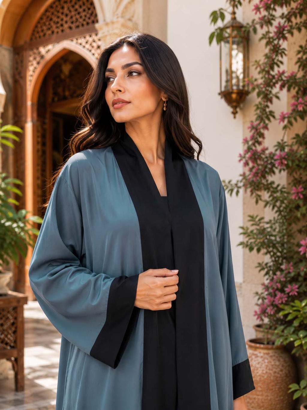 Blue Grey Contrast Open Abaya Elegant Two-Tone Modest Wear | AARUH Fashion & Fabrics