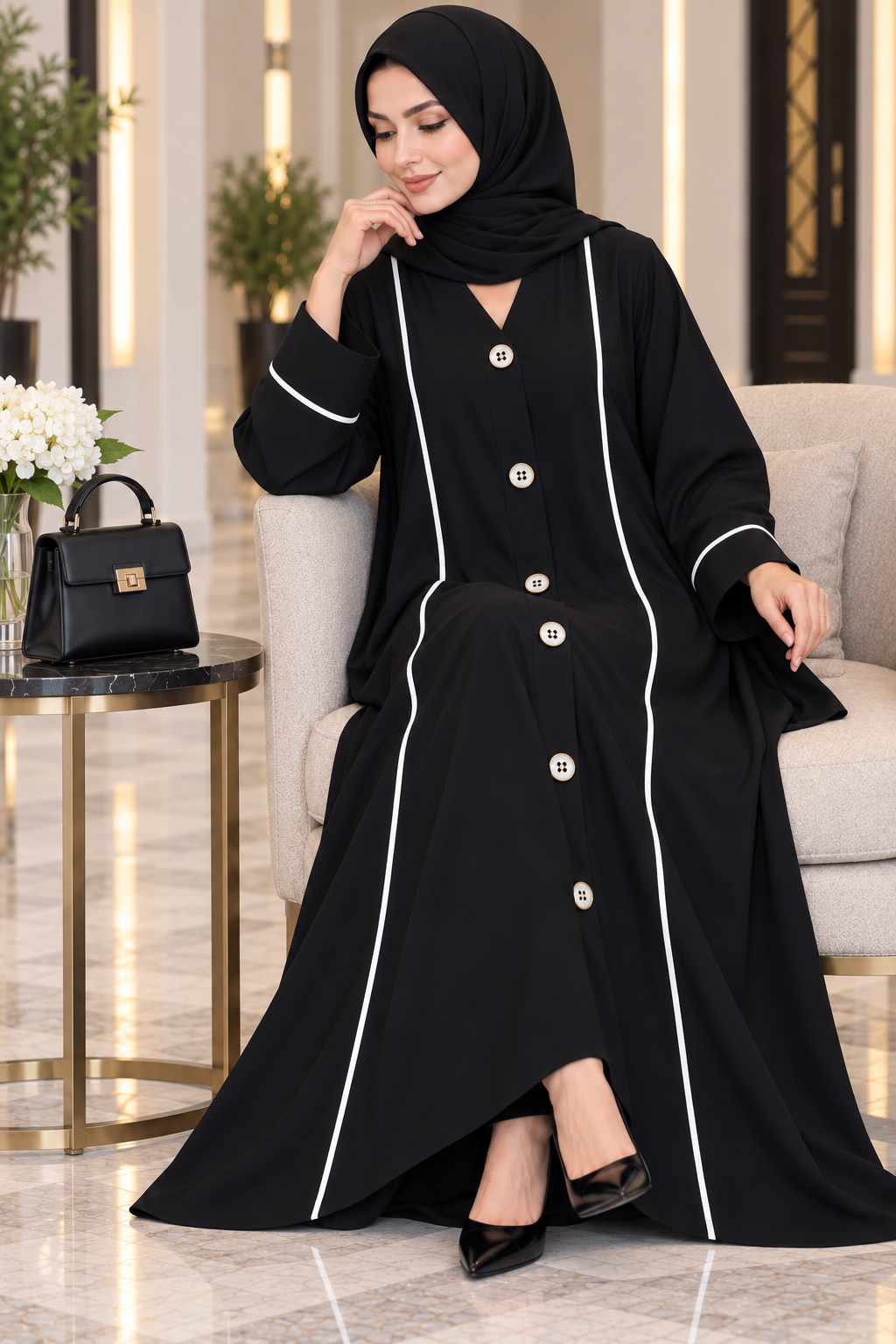 AARUH Black Front Button Abaya with White Piping & Flared Silhouette
