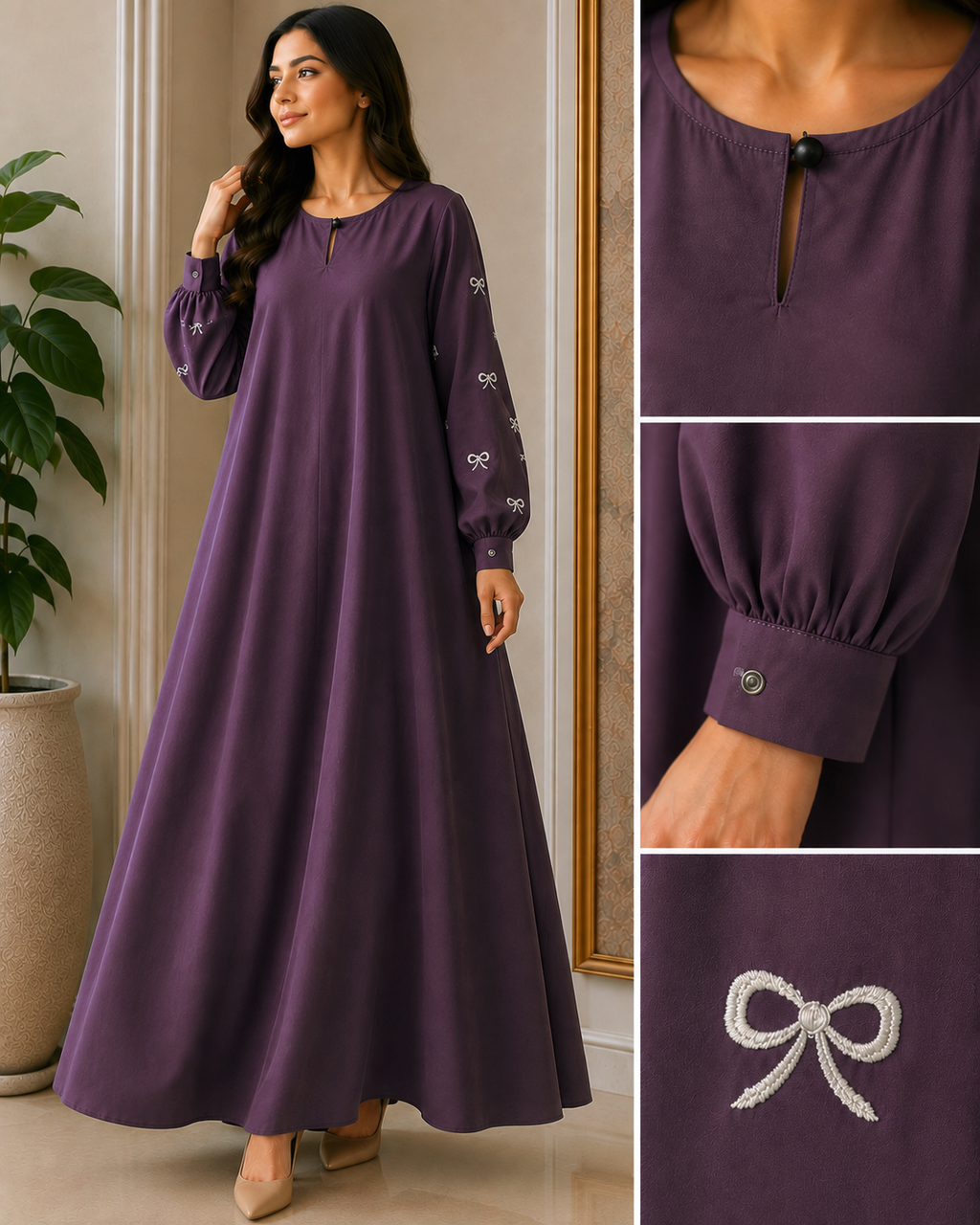 AARUH Elegant Bow Embroidered A-Line Maxi Dress | Full Sleeve Modest Dress