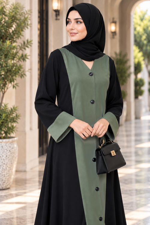 AARUH Black & Olive Green Front Panel Button-Detail Flared Abaya with Hijab