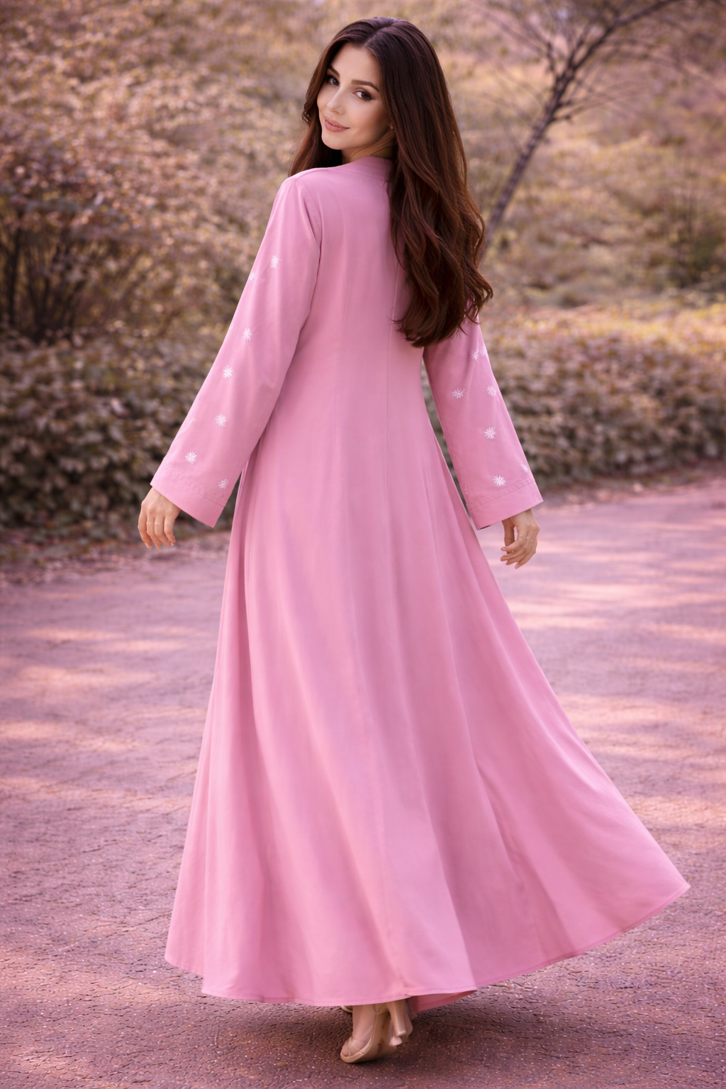 KIMONO BABY PINK PETAL – Premium Embroidered Kimono Style Abaya | V Neck | Without Hijab | Free Size | AARUH