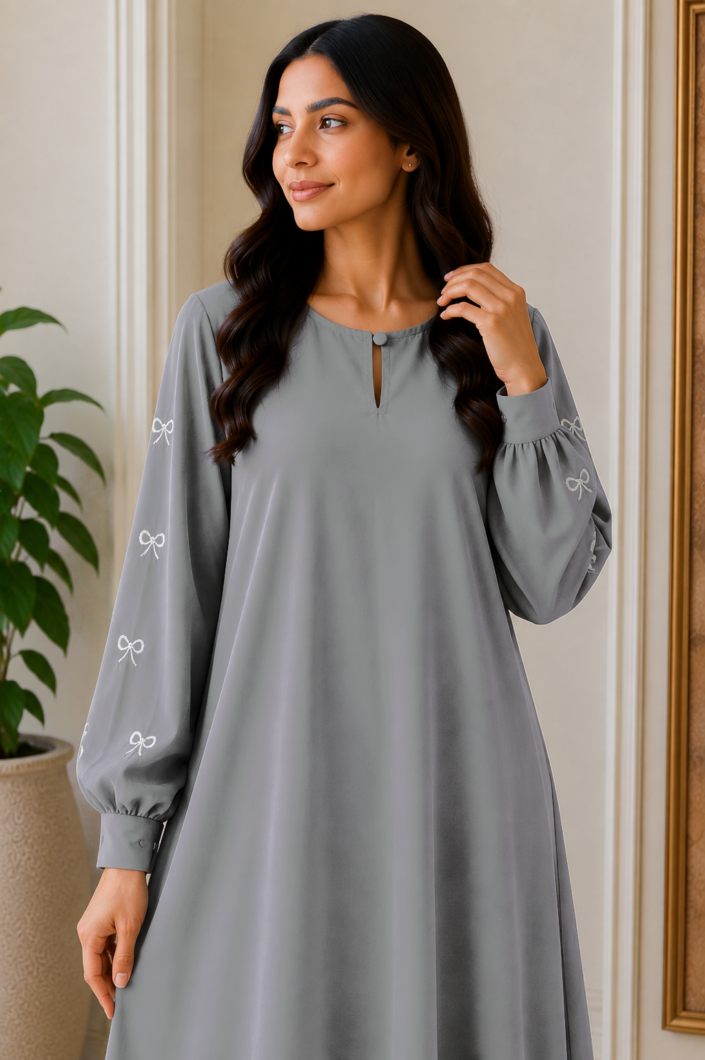 AARUH Women’s Grey Embroidered Abaya | Elegant Bow Sleeve Design | Modest Long Flared Islamic Dress