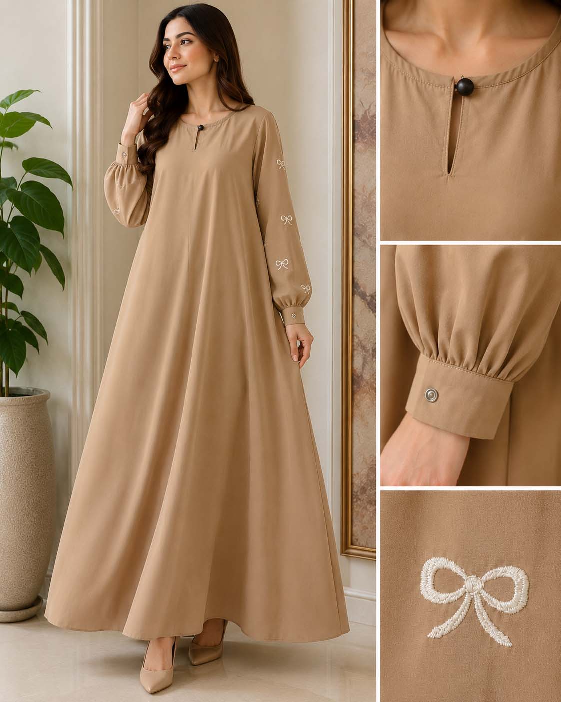 Elegant A-Line Maxi Dress with Bow Embroidered Sleeves