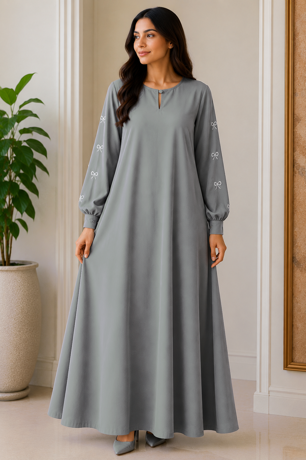 AARUH Women’s Grey Embroidered Abaya | Elegant Bow Sleeve Design | Modest Long Flared Islamic Dress
