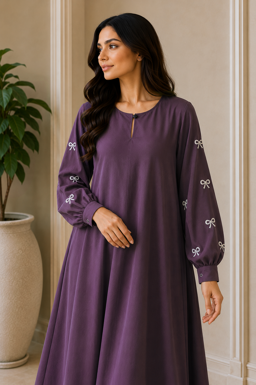 AARUH Elegant Bow Embroidered A-Line Maxi Dress | Full Sleeve Modest Dress