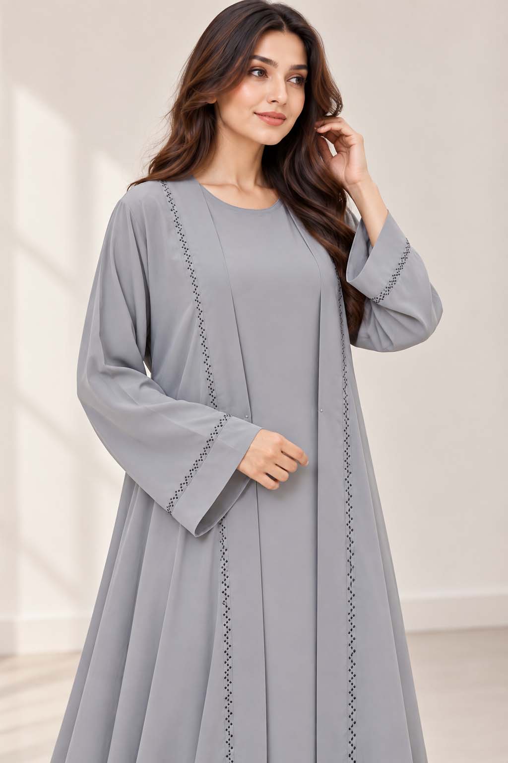 AARUH Grey Stone Work Abaya for Women | Elegant Full-Length Flared Abaya | Premium Front & Sleeve Stone Detailing
