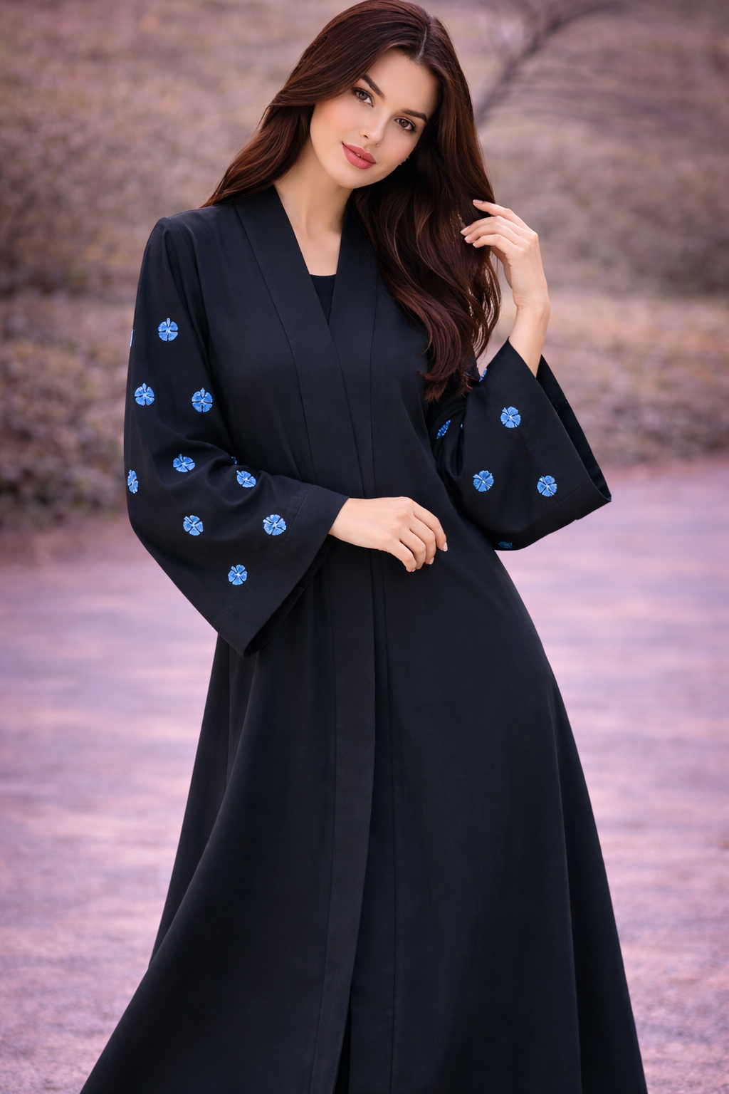 KIMONO BLACK PETAL – Premium Embroidered Kimono Style Abaya | V Neck | Without Hijab | Free Size | AARUH