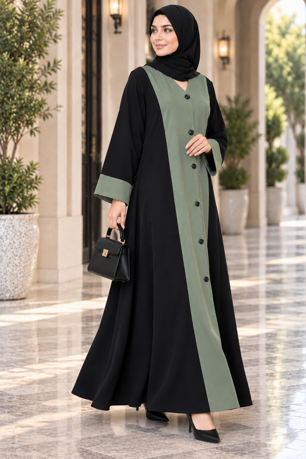 AARUH Black & Olive Green Front Panel Button-Detail Flared Abaya with Hijab