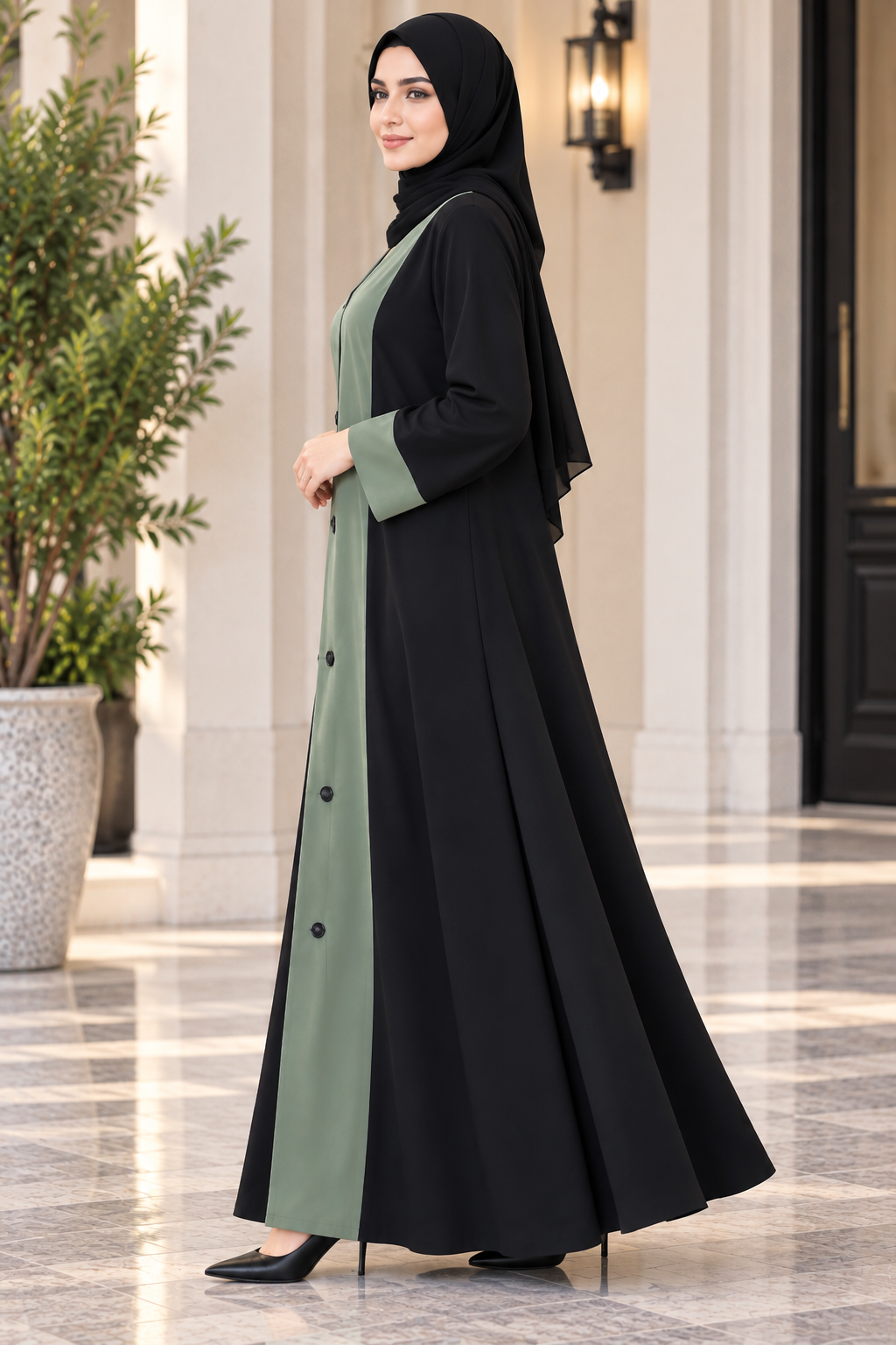 AARUH Black & Olive Green Front Panel Button-Detail Flared Abaya with Hijab
