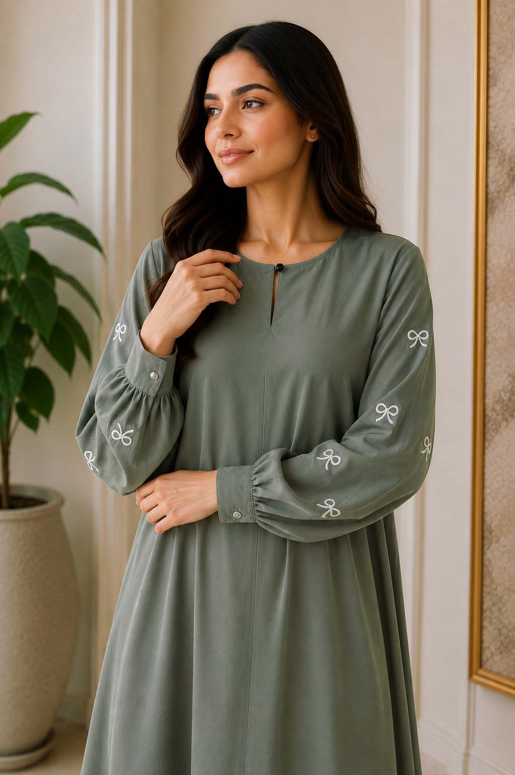 Elegant A-Line Maxi Dress with Bow Embroidered Sleeves