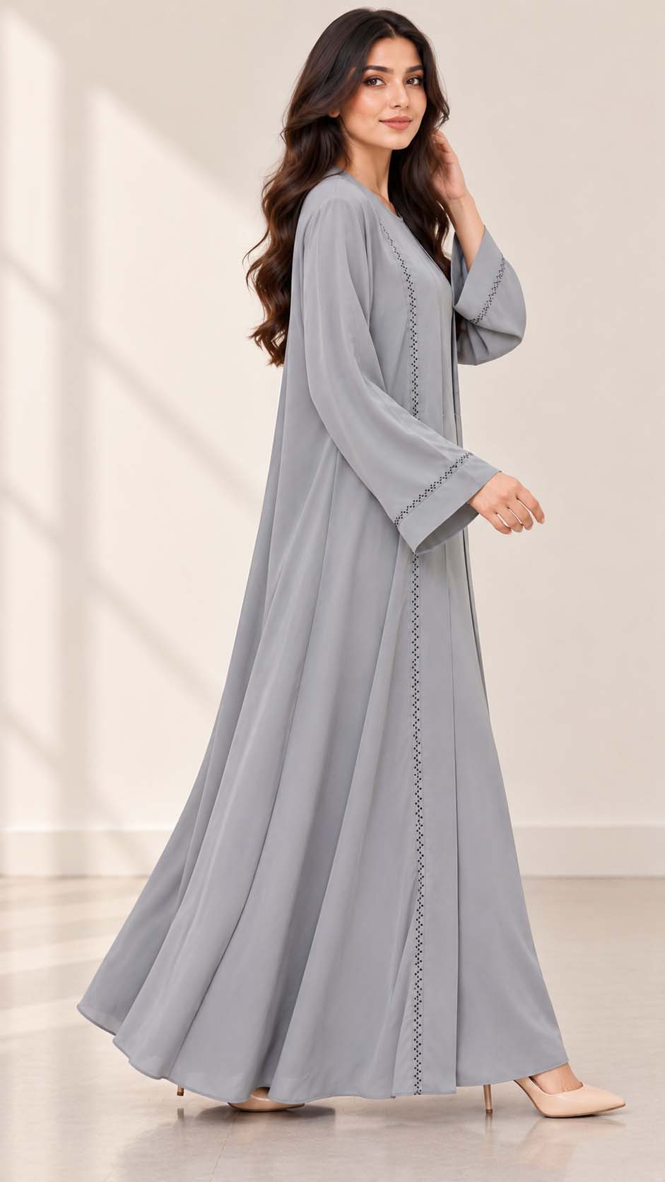 AARUH Grey Stone Work Abaya for Women | Elegant Full-Length Flared Abaya | Premium Front & Sleeve Stone Detailing