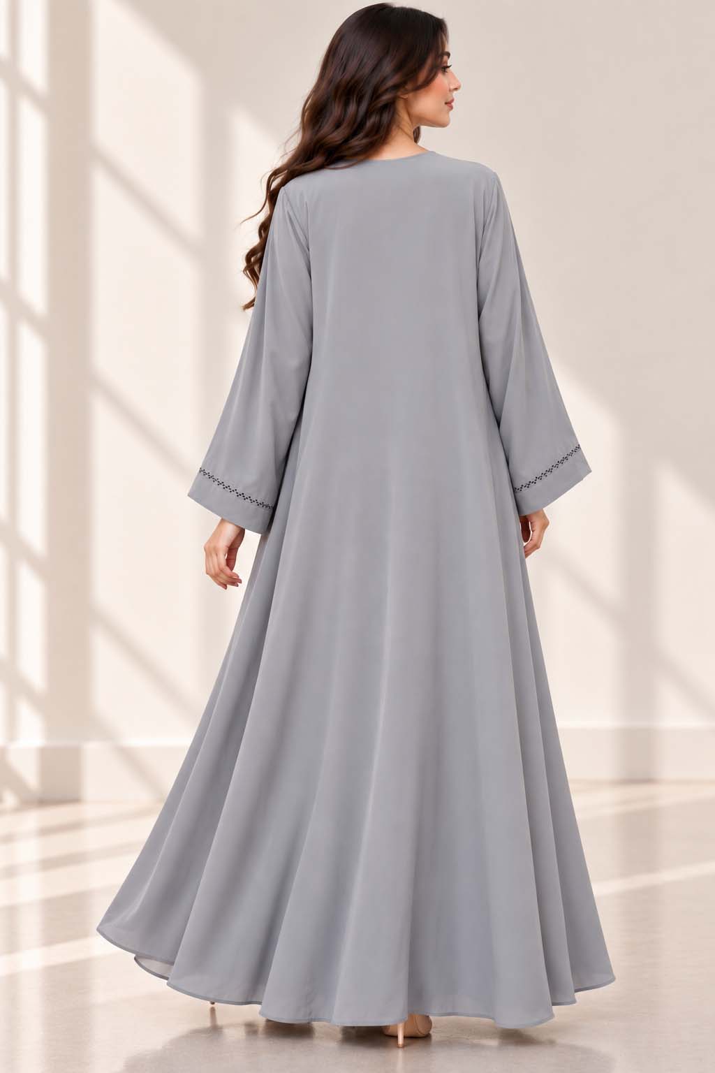 AARUH Grey Stone Work Abaya for Women | Elegant Full-Length Flared Abaya | Premium Front & Sleeve Stone Detailing