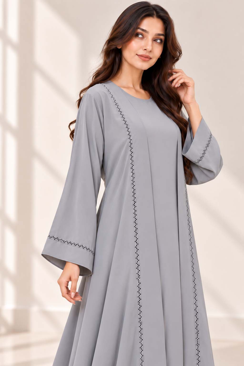 AARUH Grey Stone Work Abaya for Women | Elegant Full-Length Flared Abaya | Premium Front & Sleeve Stone Detailing