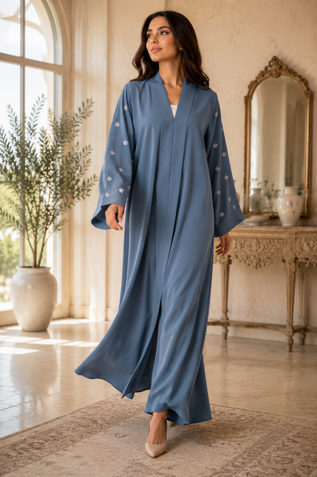 KIMONO GREY PETAL – Premium Embroidered Kimono Style Abaya | V Neck | Without Hijab | Free Size | AARUH