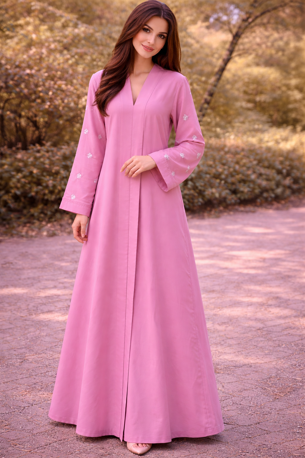 KIMONO BABY PINK PETAL – Premium Embroidered Kimono Style Abaya | V Neck | Without Hijab | Free Size | AARUH