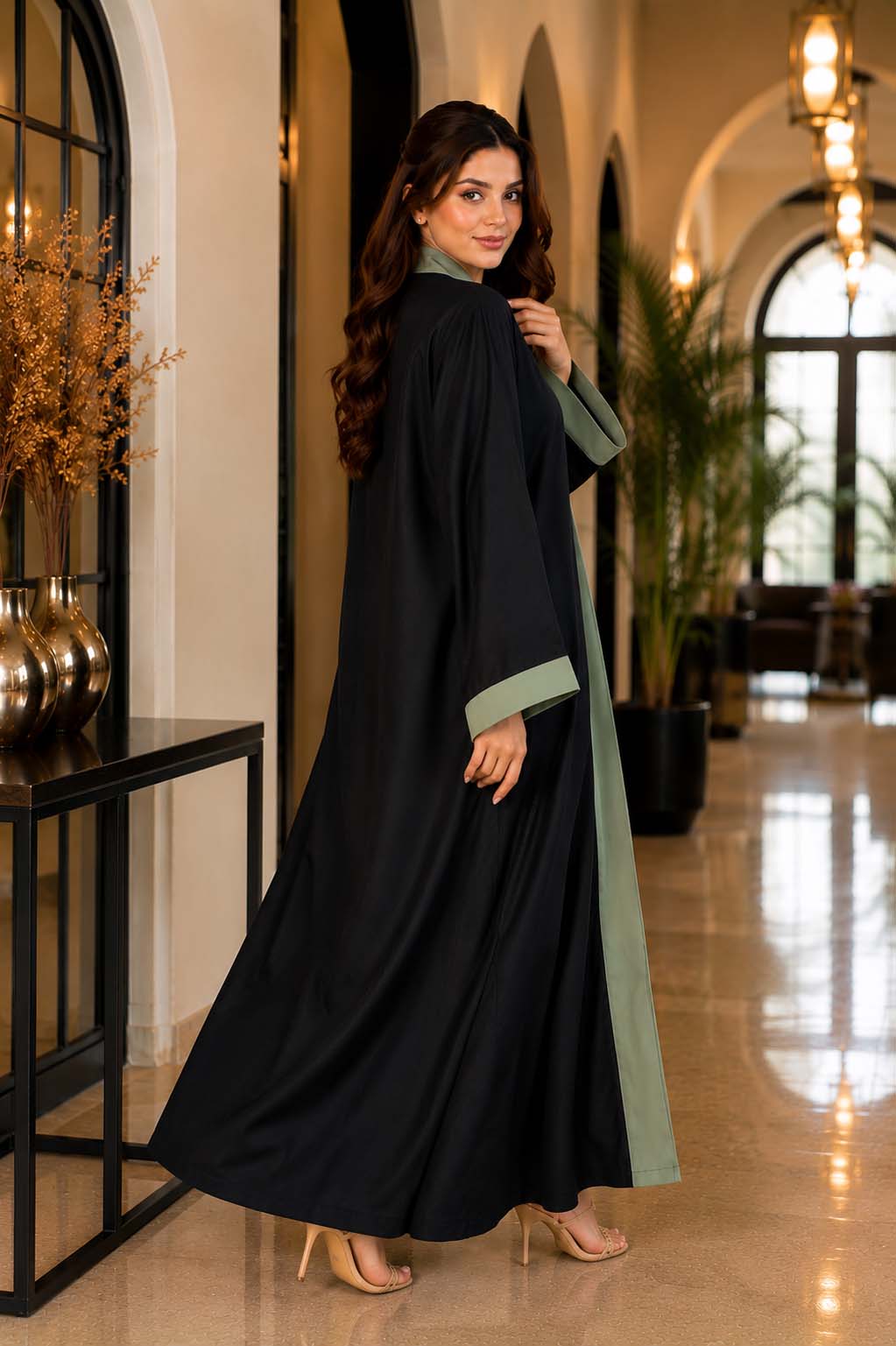 Black & Olive Panelled Abaya Timeless Style with a Modern Touch