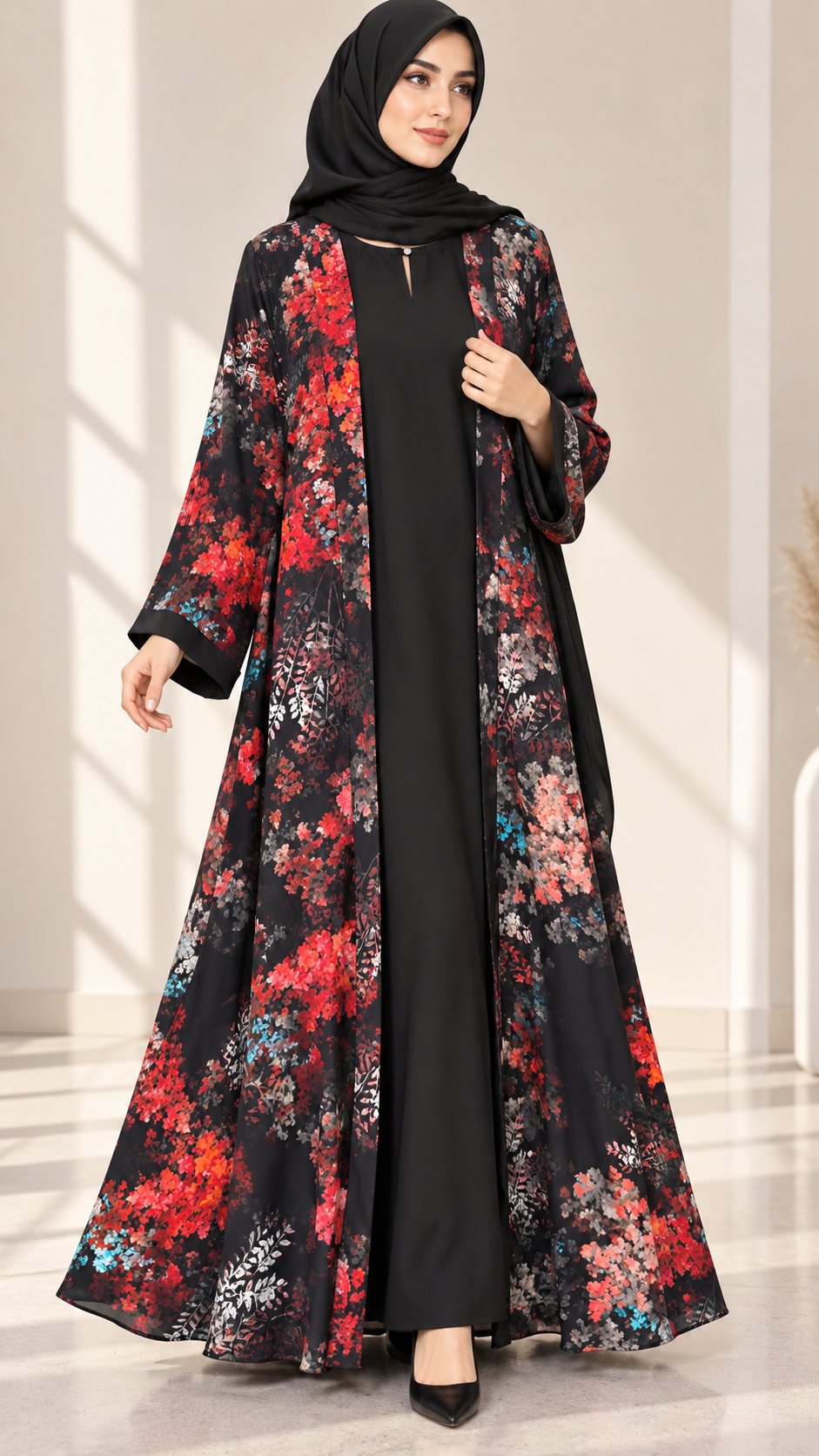 AARUH Black Floral Printed Open Front Abaya with Inner Dress & Hijab