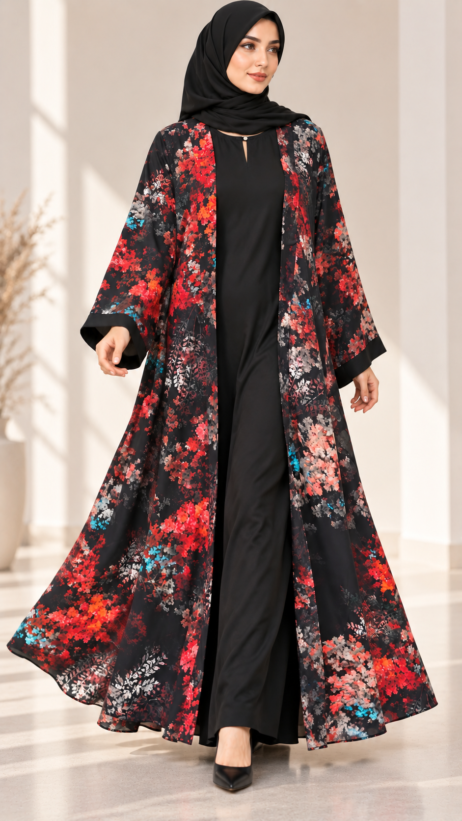 AARUH Black Floral Printed Open Front Abaya with Inner Dress & Hijab