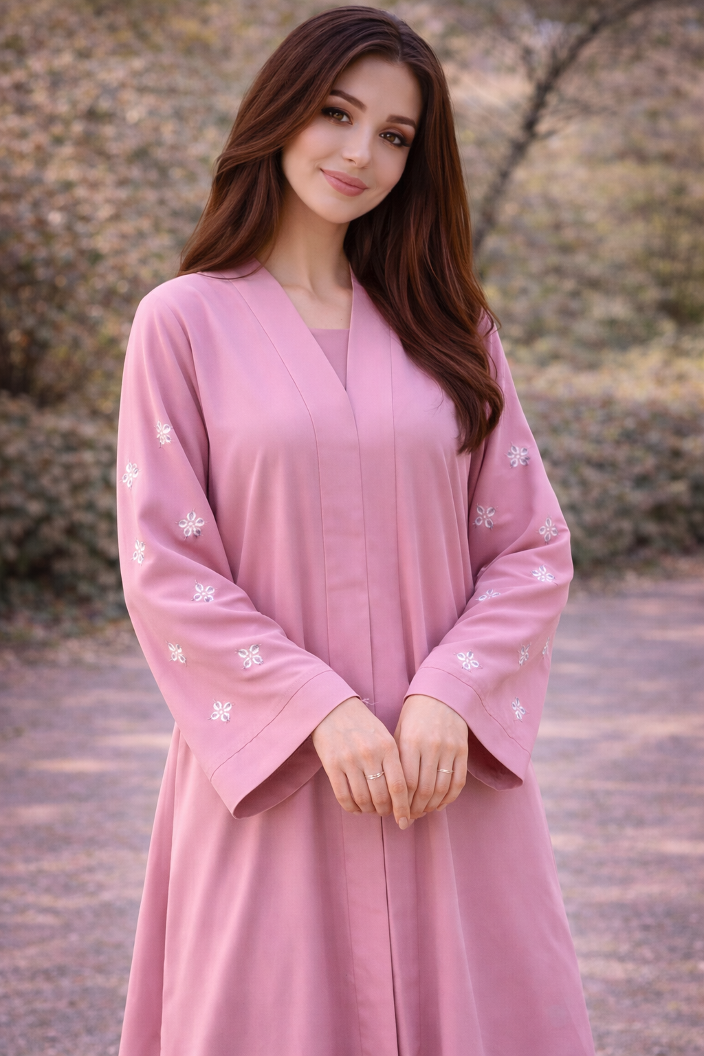KIMONO BABY PINK PETAL – Premium Embroidered Kimono Style Abaya | V Neck | Without Hijab | Free Size | AARUH